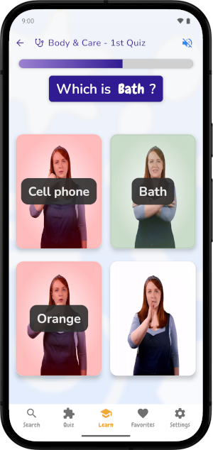 Baby Sign quiz screen asking you to identify a sign